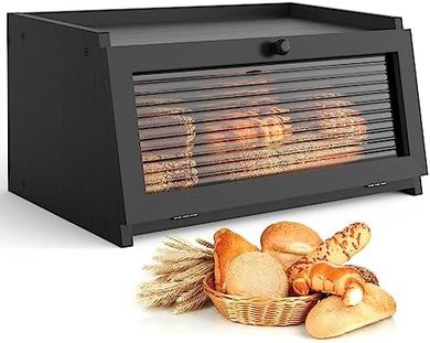 Black Farmhouse Bread Box with Window for Kitchen Countertop
