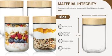 NETANY Glass Jars: 4-pack, 16oz, airtight lids, for food storage.
