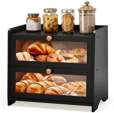 Black Wooden Farmhouse Bread Box with Windows
