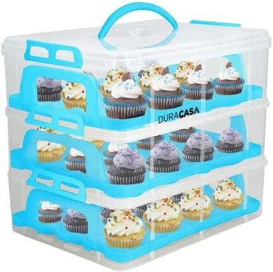 Premium 3-Tier Cupcake Carrier (Blue): Holds 36 Cupcakes/Muffins
