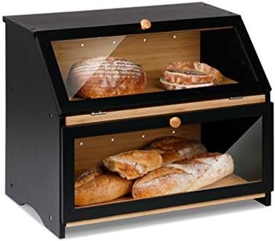 HOMEKOKO Black Wooden Bread Box (Large, Double Layer)