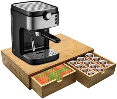 Bamboo K-Cup Organizer: Holds 30 pods, adjustable dividers.
