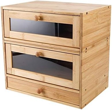 Stackable Bamboo Bread Box with Window & Utensil Drawer