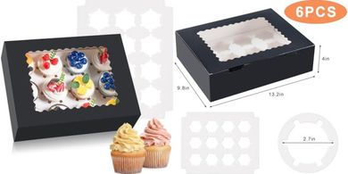 Hoewina 6-Pack Cupcake Boxes with Window (Black)
