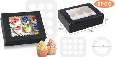 Hoewina 6-Pack Cupcake Boxes with Window (Black)