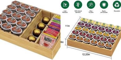 Bamboo K-Cup & Tea Organizer (Drawer/Countertop, Holds 30 K-Cups)
