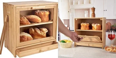 Double-Layer Bamboo Bread Box with Utensil Tray
