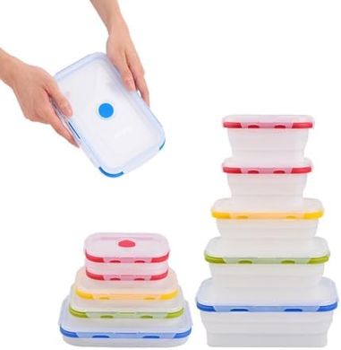 5 BPA-free silicone food containers: microwave, freezer, & dishwasher safe.
