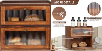 Sunhoo 2-Layer Wooden Bread Box with Acrylic Window (Brown)