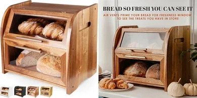 Arise Acacia Bread Box: Large, 2-Shelf, Air-Vented Wooden Storage
