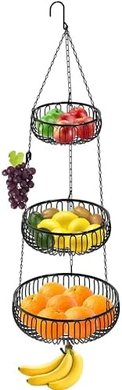 Black Metal Hanging Fruit Basket (Adjustable, Oblate, 11x11x30")