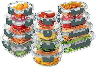 VERONES 24 Pieces Glass Food Storage Containers Set, Airtight Glass Lunch Containers, Glass Meal Prep Containers with Lids,Exclusive of BPA, for Microwave, Oven, Freezer & Dishwasher Friendly,Grey