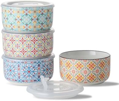 Microwave-safe ceramic bowl set with lids (4x 20oz, 5-inch)
