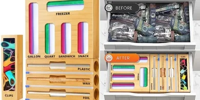 Bamboo Kitchen Drawer Organizer: 9-in-1 Food Bag & Wrap Dispenser