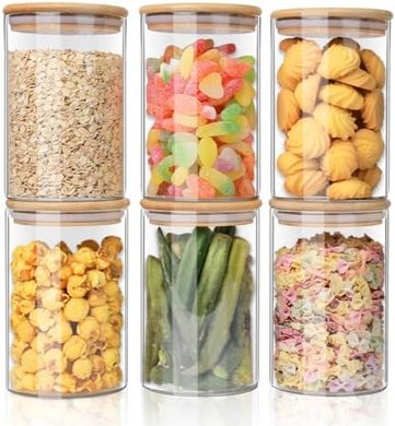 Yuncang 37oz Glass Food Storage Jars (6-pack) with Airtight Bamboo Lids