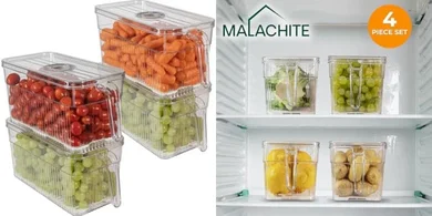Stackable Fridge Organizers with Lids: Four Clear Bins