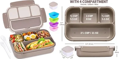 Brown 4-Compartment Bento Box with Utensils & Sauce Jar (Microwave & Dishwasher Safe)
