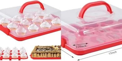 Portable 2-in-1 Cake & Cupcake Carrier (12 cupcakes, Red)
