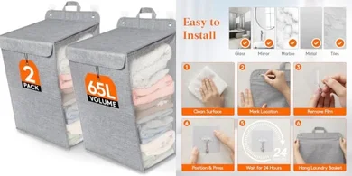 Lifewit Collapsible Laundry Hampers: 2-pack, large, wall-mountable, grey.