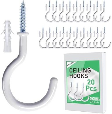 Heavy-duty white vinyl ceiling hooks (20-pack) for plants, lights, and decor.