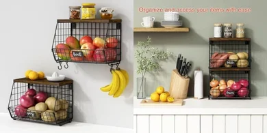 Stackable Wire Fruit & Veggie Baskets with Wood Lids (2-Pack)