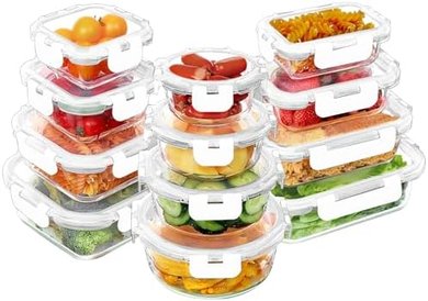 VERONES 24 Pieces Glass Food Storage Containers Set, Airtight Glass Lunch Containers, Glass Meal Prep Containers with Lids,Exclusive of BPA, for Microwave, Oven, Freezer & Dishwasher Friendly,White