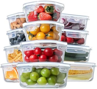 Glass Food Storage Containers: 24pc Airtight, Leakproof Set