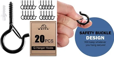 Heavy-duty black windproof screw hooks with safety buckles for outdoor lights.