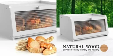 White Farmhouse Wooden Bread Box with Window
