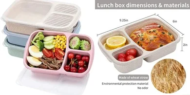 Wheat Straw Bento Lunch Boxes: 4-Pack, 3-Compartment, Microwave & Dishwasher Safe