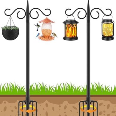 Heavy-duty adjustable shepherd hooks (2-pack, 108") for bird feeders & garden décor.